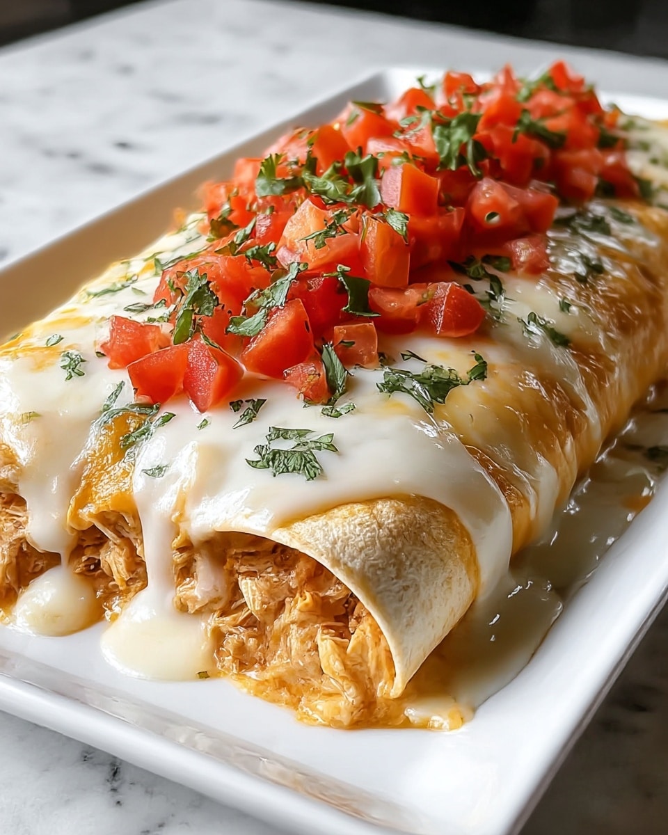 A close-up of a large, rolled enchilada on a white rectangular dish, showing three main layers: the soft, slightly browned tortilla on the outside; inside, a creamy mix of shredded chicken and melted cheese in a light orange sauce; the top layer covered with thick, melted white cheese dripping down the sides. On top, there is a scattered pile of finely chopped bright red tomatoes mixed with small pieces of green cilantro, adding fresh color. The dish sits on a white marbled surface. Photo taken with an iphone --ar 4:5 --v 7