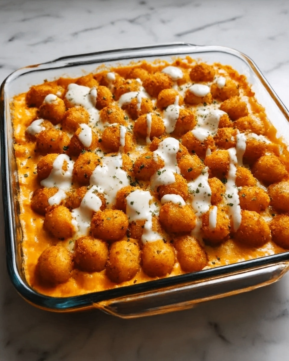 The image shows a clear glass baking dish filled with a layered casserole. The bottom layer is a soft, orange mix that looks like mashed sweet potatoes or pumpkin, topped with a layer of small, round golden-brown tater tots spread evenly across the surface. On top of the tater tots, there are white dollops of creamy sauce scattered all over, with small bits of green herbs sprinkled lightly for color. The dish rests on a white marbled surface. Photo taken with an iphone --ar 4:5 --v 7