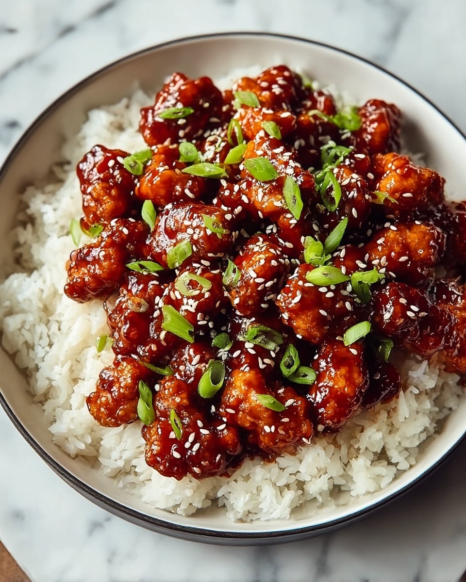 A black bowl filled with two layers of food placed on a white marbled surface; the bottom layer is white cooked rice with some grains scattered unevenly, and the top layer is dark brown glazed pieces of crispy chicken coated in a shiny sauce. The chicken pieces are garnished with small, bright green chopped scallions and sprinkled with white sesame seeds, creating a contrast with the dark sauce. The bowl gives a warm, hearty feel with a focus on the glossy texture of the chicken. photo taken with an iphone --ar 4:5 --v 7