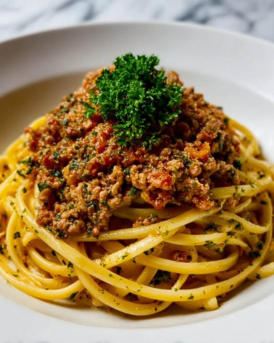 The image shows a close-up of a bowl of pasta with thick yellow noodles, cooked to a slightly glossy texture, topped with a generous layer of minced meat sauce mixed with small bits of herbs and soft red tomato pieces. On top, there is a small bunch of fresh bright green parsley right in the middle, adding a fresh touch. The sauce layer looks crumbly and moist, and some green herbs are sprinkled on top of the pasta around the sauce. The bowl is white and placed on a white marbled surface. photo taken with an iphone --ar 4:5 --v 7