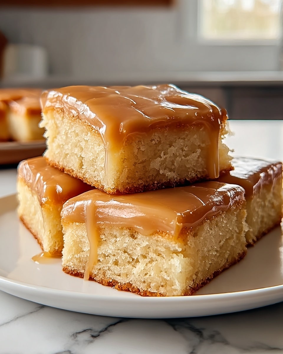 A close-up of four square pieces of a light golden cake with a smooth, shiny caramel glaze dripping slightly down the sides, placed on a white plate. The cake has a soft, crumbly texture with a slightly darker, baked edge on top and bottom. The glaze is thick and glossy, creating a rich and moist look on the surface and edges. The background is softly blurred with a white marbled texture visible beneath the plate. photo taken with an iphone --ar 4:5 --v 7