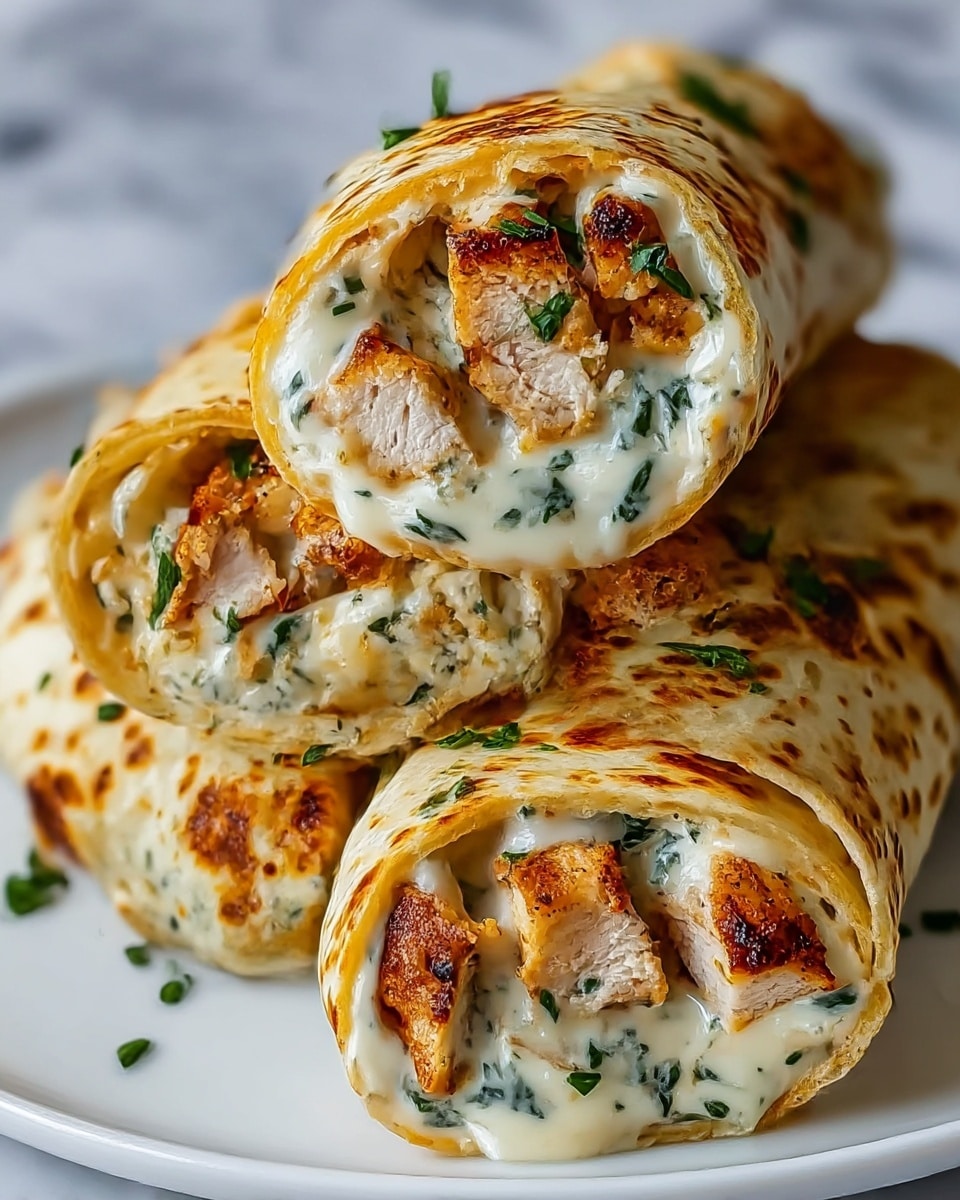 The image shows three grilled chicken wraps stacked on a white plate placed on a white marbled surface. Each wrap contains a soft, light golden tortilla with visible grill marks on the outside. Inside, there are pieces of browned, grilled chicken mixed with a creamy white sauce that has green herbs finely chopped and evenly spread throughout. The wraps look juicy and flavorful, with some chicken and sauce slightly oozing out from the ends. Small green herb pieces are sprinkled on top of the wraps for extra color and texture. Photo taken with an iphone --ar 4:5 --v 7