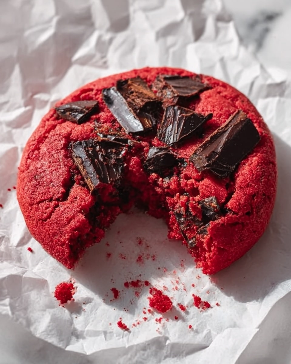 A close-up image of a bright red cookie with deep cracks on the surface, topped with large chunks of melted dark chocolate. The cookie has one bite taken out, exposing a soft, chewy inside with a slightly moist texture. It sits on crumpled white parchment paper on a white marbled surface with sunlight casting soft shadows. Small crumbs surround the cookie, adding to the fresh-baked feel. Photo taken with an iphone --ar 4:5 --v 7