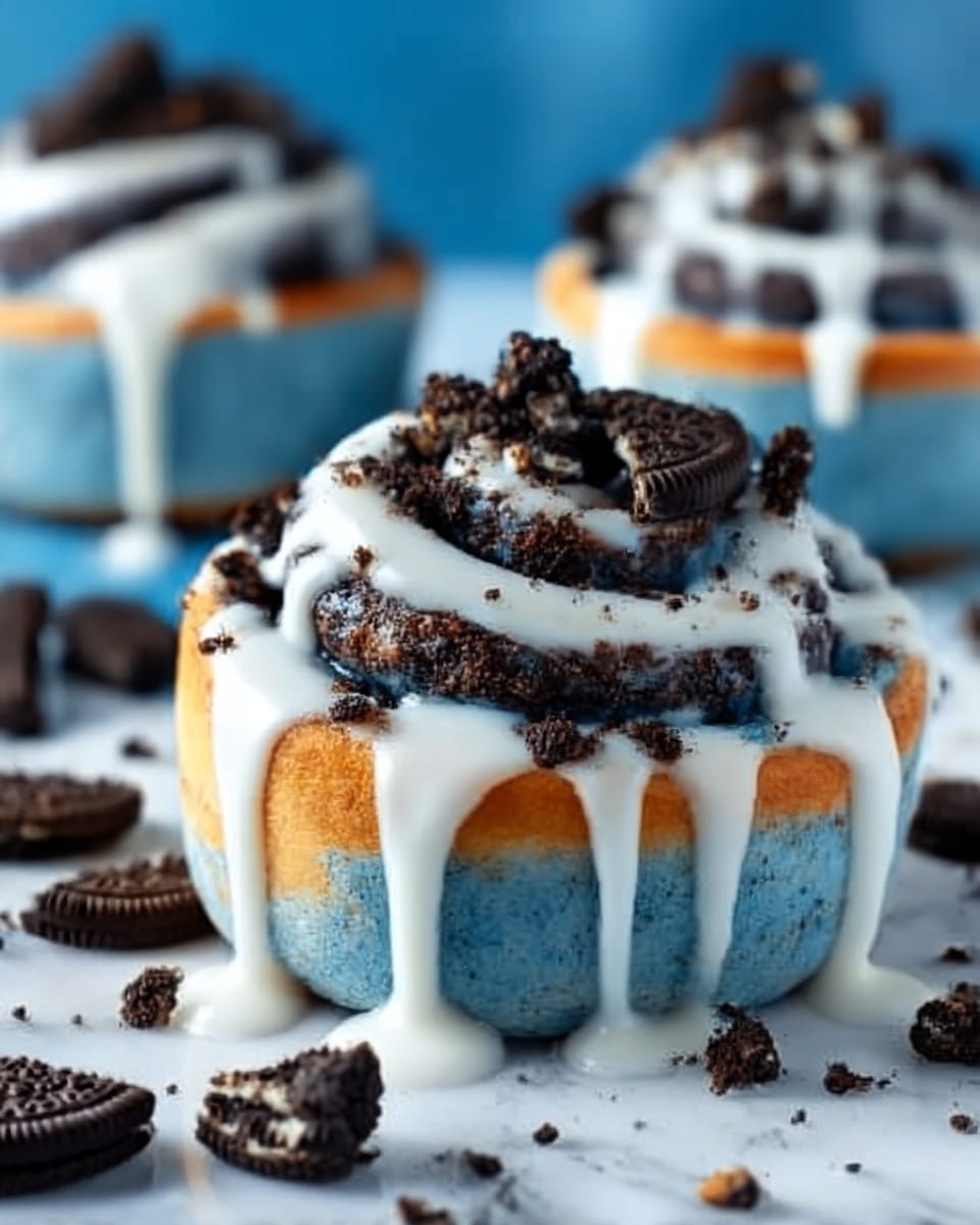 The image shows a close-up of a blue cinnamon roll placed on a white marbled surface. The roll has three main layers: the bottom layer is the thick blue dough, the middle layer has darker blue swirls inside, and the top layer is covered with white icing that drips down the sides. On top of the icing are small pieces of crushed dark cookies scattered around. More cinnamon rolls are visible in the background on the same white marbled surface. Photo taken with an iphone --ar 4:5 --v 7