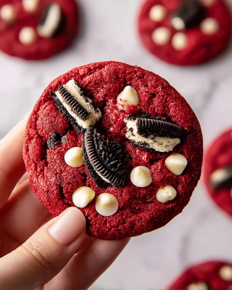 A close-up view of a single round red velvet cookie held by a woman's hand, topped with broken black cookie pieces and white chocolate chips scattered unevenly on its surface. The cookie has a rich, deep red color with a slightly rough, cracked texture. In the blurred background, more cookies and red roses sit on a soft white cloth draped over a white marbled surface. photo taken with an iphone --ar 4:5 --v 7