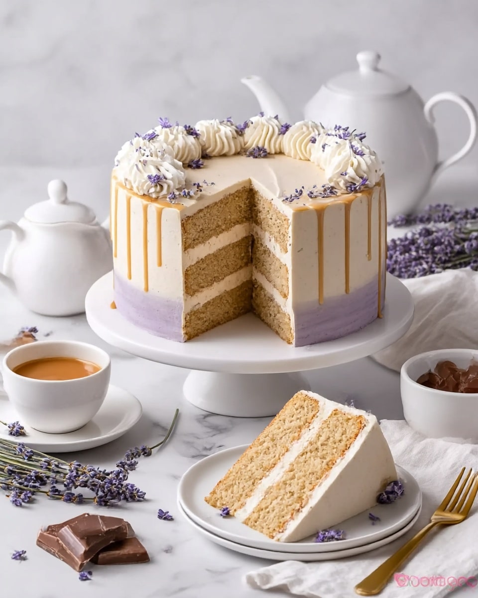 A three-layer cake sits on a white round cake stand on a white marbled surface. Each layer of the cake is light brown with white cream filling between them. The outside of the cake is covered with white cream that fades to a light lavender shade near the base. There is a swirl of creamy white frosting around the top edge decorated with small purple flowers, and a light caramel drizzle runs down the sides. A slice of the cake is placed on a white plate in front, showing the three layers clearly, with a small purple flower on the frosting. Nearby, there is a white cup filled with light brown coffee, a white teapot, and a small white bowl with seeds, along with sprigs of purple flowers. A gold fork and a beige cloth are on the surface beside the cake. photo taken with an iphone --ar 4:5 --v 7