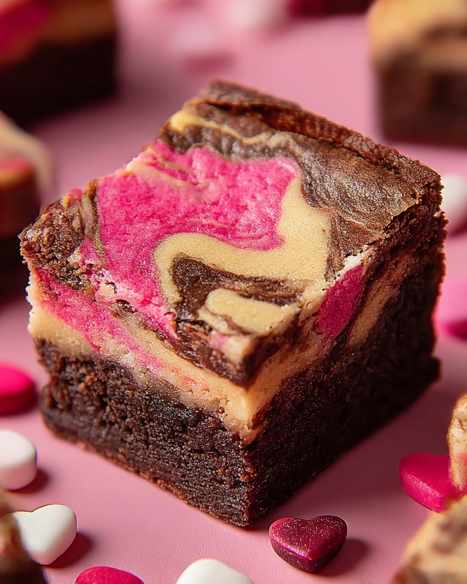 The image shows a close-up of a square brownie with three visible layers: a bottom dark brown chocolate layer with a dense texture, a middle creamy beige layer, and a top swirled layer with pink, beige, and brown colors blending in a marbled pattern. The top surface has a cracked, slightly crispy texture. Several similar brownies are partially seen around the main piece, all placed on a white marbled surface with a few small pink and white heart-shaped candies scattered nearby. photo taken with an iphone --ar 4:5 --v 7