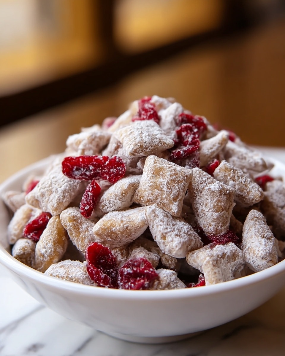 A white bowl full of small square cereal pieces covered in white powdered sugar, mixed with shiny dark red dried cranberries evenly spread throughout. The cereal pieces have a light tan color with some red specks visible inside. The bowl is placed on a wooden surface with a blurred background. photo taken with an iphone --ar 4:5 --v 7