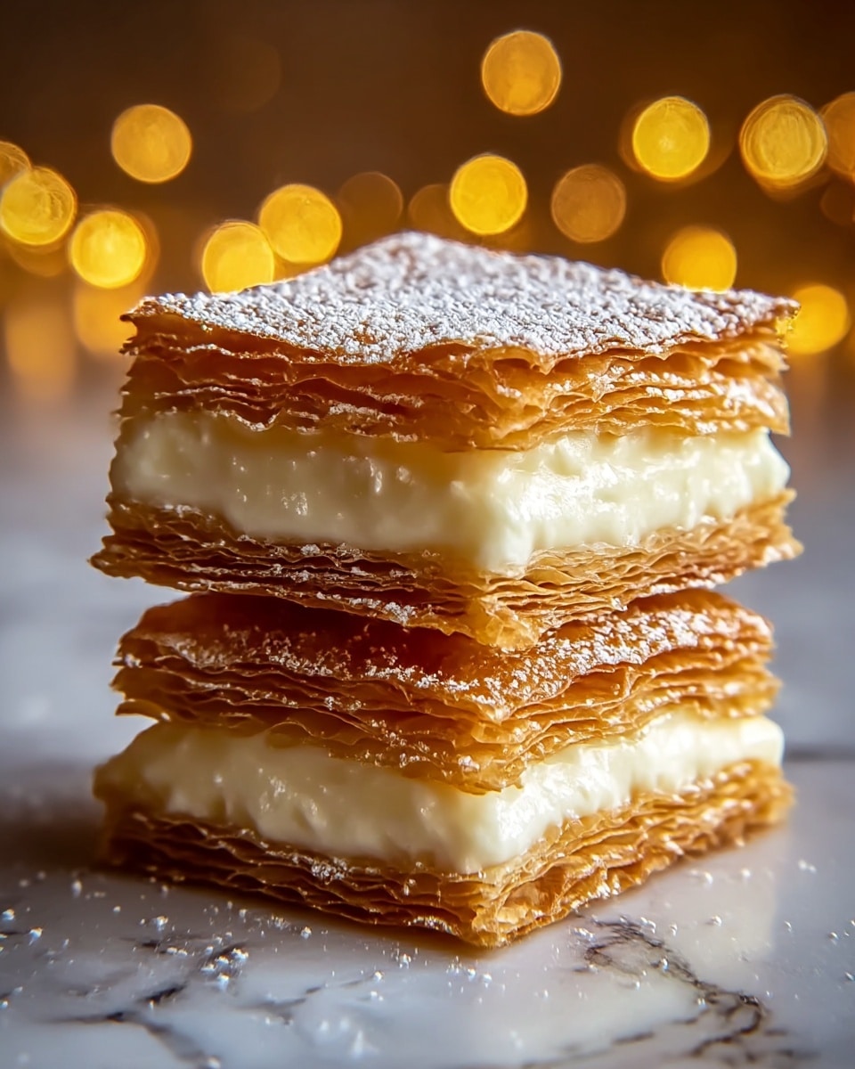 The image shows a stack of three layers of crispy, golden brown puff pastry with powdered sugar dusted on top and around the edges. Between each layer of flaky pastry, there is a thick, smooth, creamy white filling. The layers are slightly uneven, showing the delicate texture of the pastry and the rich cream inside. The stacked dessert is placed on a white marbled surface with warm blurry lights in the background, giving a cozy feel. photo taken with an iphone --ar 4:5 --v 7