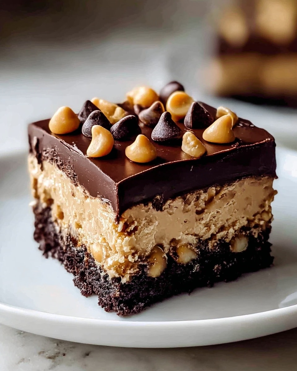 A close-up image of a square, three-layer dessert resting on a white plate against a white marbled texture. The bottom layer is a dense, dark chocolate cake with a crumbly texture. The middle layer is thick and creamy with a light caramel or peanut butter color and small specks mixed inside. The top layer is a rich, glossy dark chocolate ganache spread smoothly, slightly dripping off the edge. On top, scattered irregularly, are peanut butter-colored dollops and dark chocolate chips. A few peanut butter-colored dollops are also on the plate near the dessert. The photo taken with an iphone --ar 4:5 --v 7