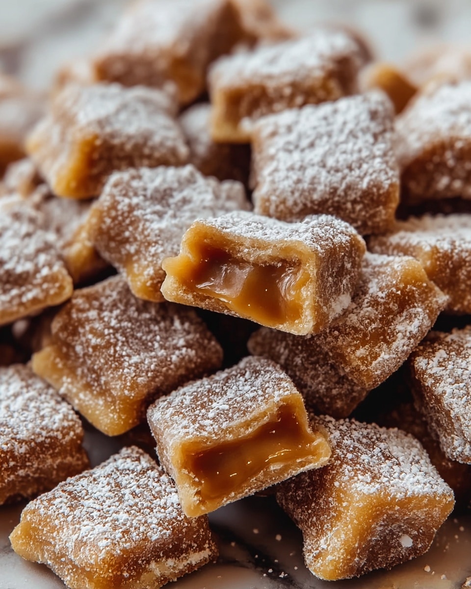 A close-up view of many small, square-shaped, golden-brown fried pastries piled together, each covered with a light dusting of white powdered sugar. Some pastries are broken open, showing a smooth, shiny, light caramel filling inside. The pastries have a rough, crisp texture on the outside with visible bubbles. The background is a white marbled texture. photo taken with an iphone --ar 4:5 --v 7