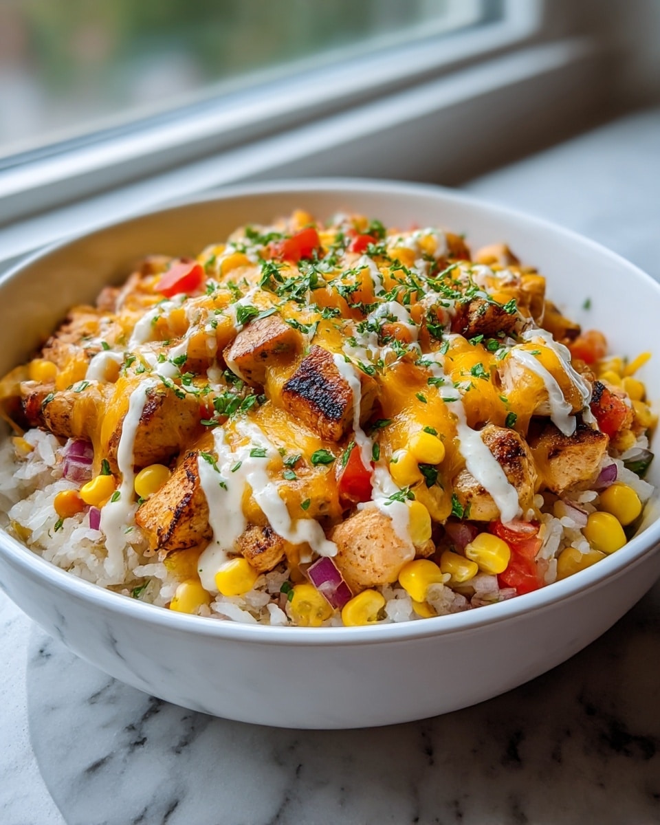 The dish is served in a white bowl showing three layers clearly. The bottom layer is fluffy white rice with a soft, grainy texture filling the bowl. Over the rice, there is a layer of small grilled chicken pieces, lightly browned with grill marks, mixed with vibrant diced red bell peppers and yellow corn kernels, giving a colorful appearance. The top layer is melted yellow and white cheese drizzled over the chicken and vegetables, with finely chopped green herbs sprinkled all over for a fresh finish. The bowl is placed on a white marbled texture surface, with soft natural light coming from the side. photo taken with an iphone --ar 4:5 --v 7