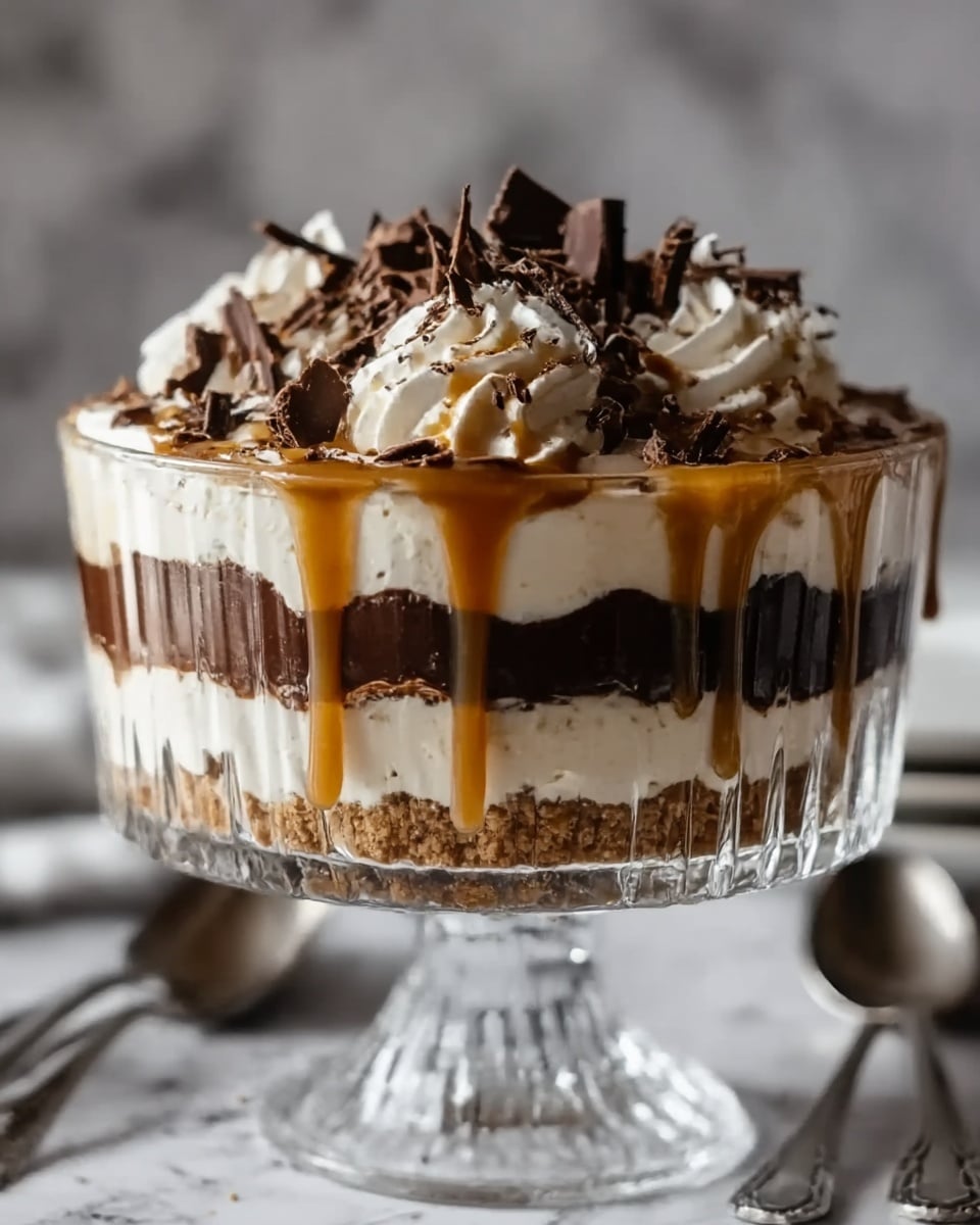 The image shows a clear glass dessert bowl with three visible layers: the bottom layer is crumbly and light brown, the middle layer is dark and rich chocolate cake, and the top layer is creamy and pale with swirls of caramel sauce dripping down the sides. On the very top, there are thin, curly chocolate shavings scattered evenly across the caramel. The dessert is placed on a white marbled surface with a silver spoon and a small white flower in the background. The lighting is soft, highlighting the glossy caramel and the textures in the different layers. photo taken with an iphone --ar 4:5 --v 7