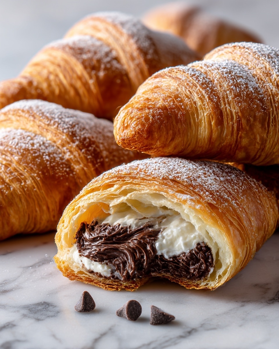 The image shows multiple golden-brown croissants arranged on a white marbled surface, with the front one broken open to reveal its rich chocolate filling layered on top of a lighter cream layer. The croissants have a crispy, flaky texture with delicate, thin layers visible on the outside, and a light dusting of powdered sugar on top. Near the broken croissant, there are a few dark chocolate chips scattered, adding a touch of contrast to the soft pastry and creamy filling. Photo taken with an iphone --ar 4:5 --v 7