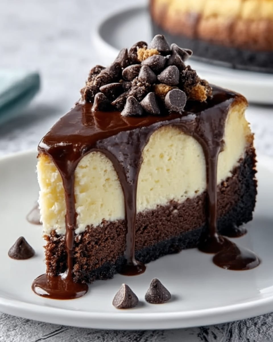 A slice of cheesecake with three layers is shown on a white plate. The bottom layer is dark brown and looks dense and rich, like a chocolate crust. The middle layer is creamy and pale yellow, smooth and thick. On top, there are small rough chocolate chips scattered with a thick dark chocolate sauce dripping down the sides of the slice. Around the base, a few chocolate chips are spread on the white plate. The background is a white marbled surface with blurred shapes in the distance. Photo taken with an iphone --ar 4:5 --v 7
