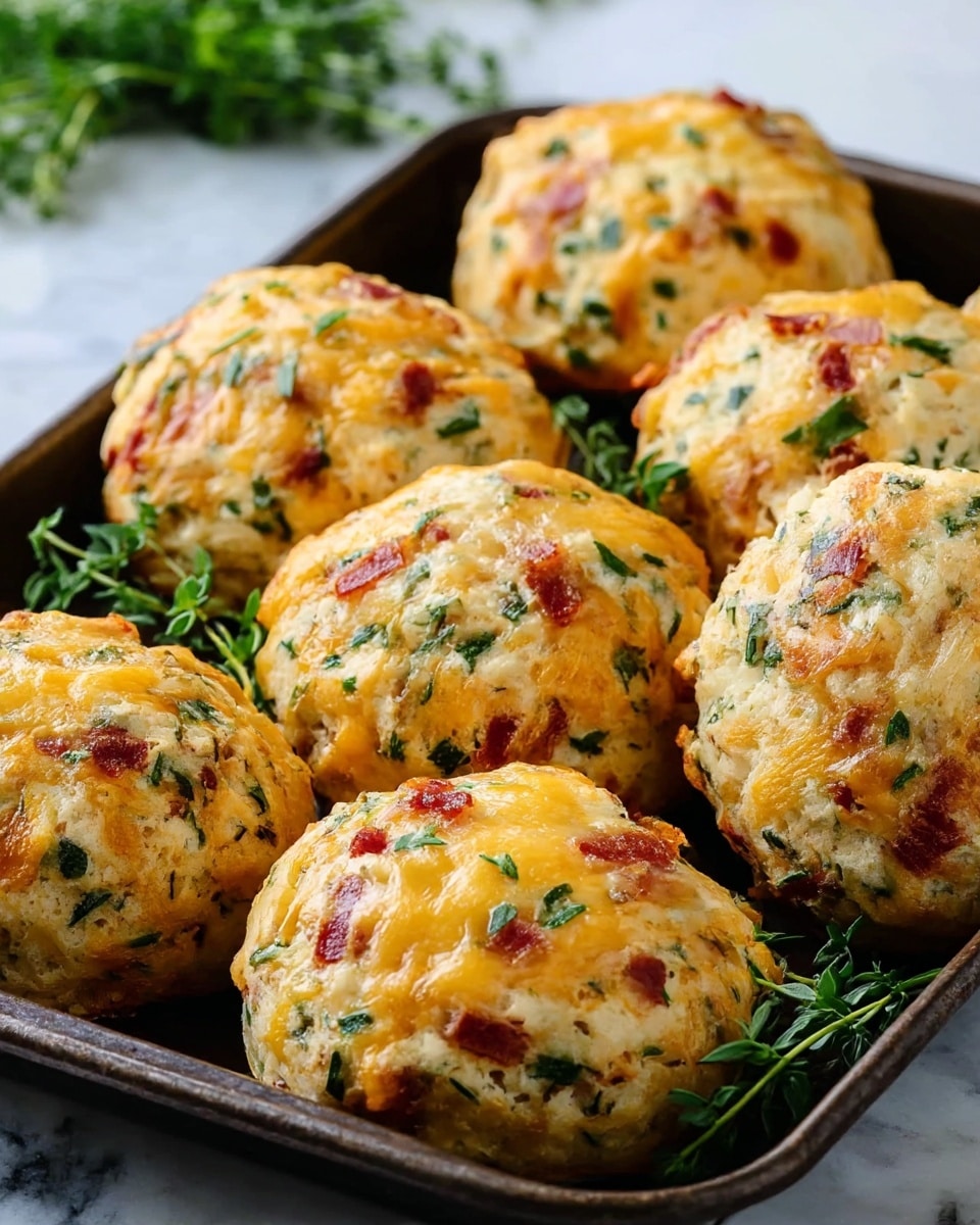 The image shows a close-up of eight round, golden-brown biscuits with a slightly rough texture, sitting on a dark baking tray. Each biscuit is speckled with small bits of orange melted cheese and green herbs, along with tiny red pieces that look like bacon. The biscuits appear fluffy with a slightly crispy top, and some cheese is melted on the surface, giving a glossy look. A small sprig of fresh green thyme lies in front of the biscuits for decoration. The background is a soft white marbled texture. Photo taken with an iphone --ar 4:5 --v 7