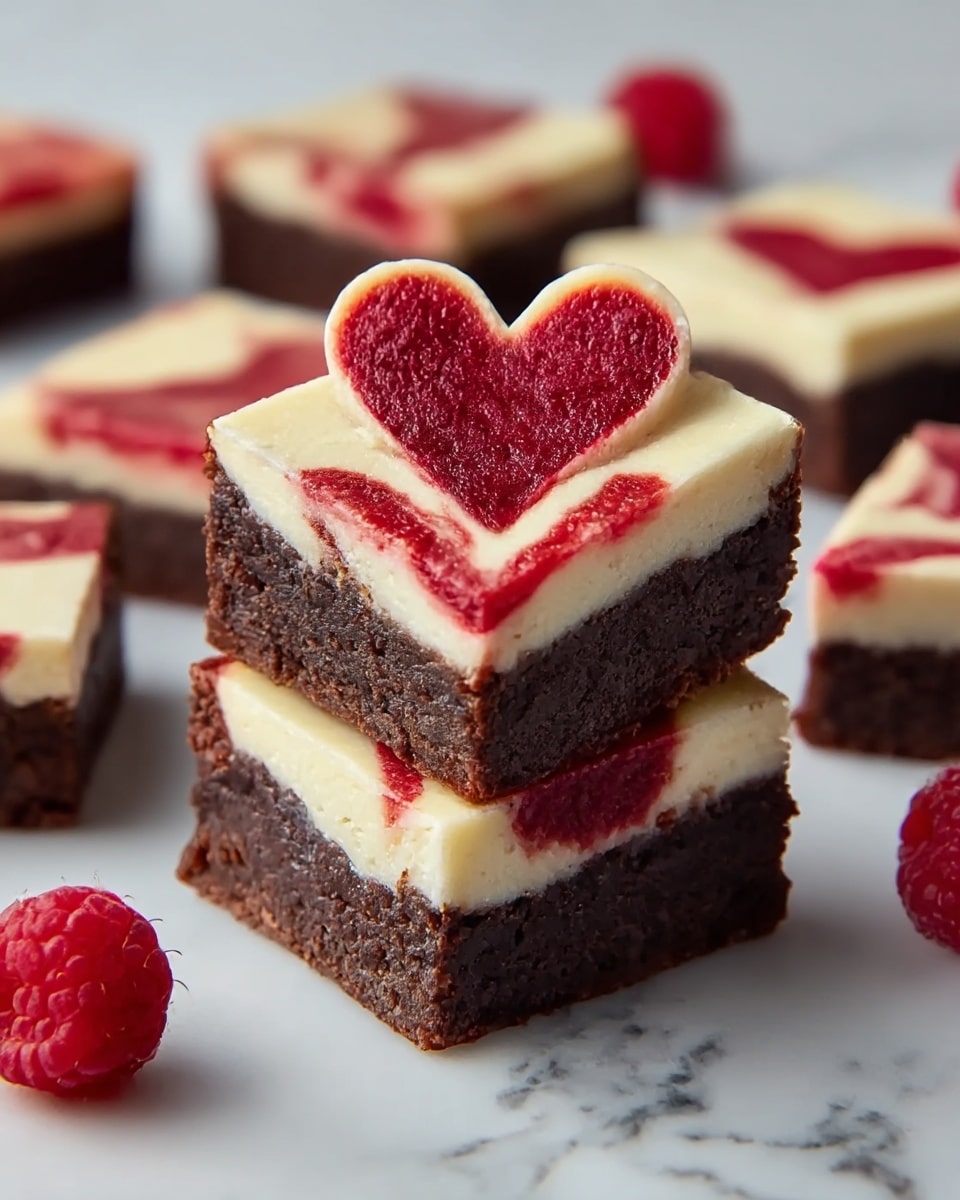 Two pieces of dessert stacked on a white marbled surface, the bottom piece is a square brownie with a thick, dark brown base, topped with a creamy white layer swirled with bright red. The top piece is cut in a heart shape, showing the same layers: dark brown brownie base and creamy white with red swirls on top. In the background, more pieces with similar layers and fresh red raspberries are softly blurred. Photo taken with an iphone --ar 4:5 --v 7