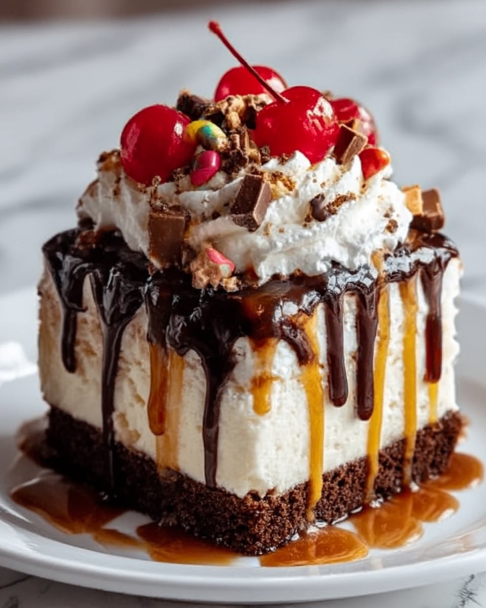The image shows a tall, square-shaped dessert with four main layers. The bottom layer is a dark, crumbly chocolate crust. Above it is a creamy, beige layer, likely vanilla or cheesecake, smooth in texture. On top of that, there is a thick drizzle of dark chocolate sauce flowing down the sides. The top layer is made of swirls of white whipped cream, decorated with colorful round sprinkles and small pieces of chocolate candy. Two red cherries sit on top as a final touch. The dessert is on a white plate on a white marbled surface. photo taken with an iphone --ar 4:5 --v 7