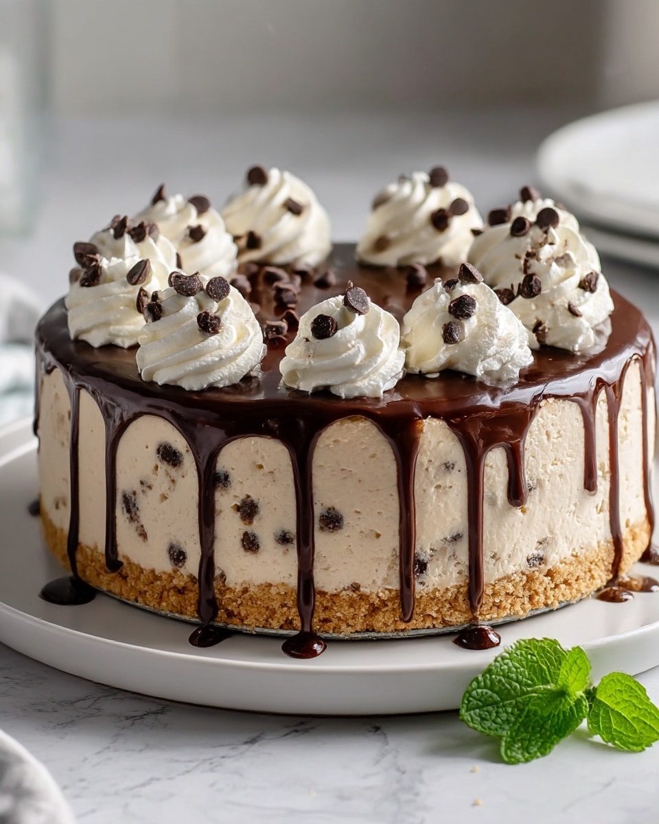The image shows a round, three-layered dessert on a white plate with a white marbled texture background. The bottom layer is a crumbly, light brown crust. The middle layer is thick, creamy, and light beige with small dark chocolate bits spread throughout. The top layer is a glossy, dark chocolate ganache that drips slightly over the edge. There are eight swirls of white whipped cream evenly spaced on top, each decorated with small dark chocolate chips and drizzled with chocolate sauce. A fresh green mint leaf rests near the base of the plate. Photo taken with an iphone --ar 4:5 --v 7