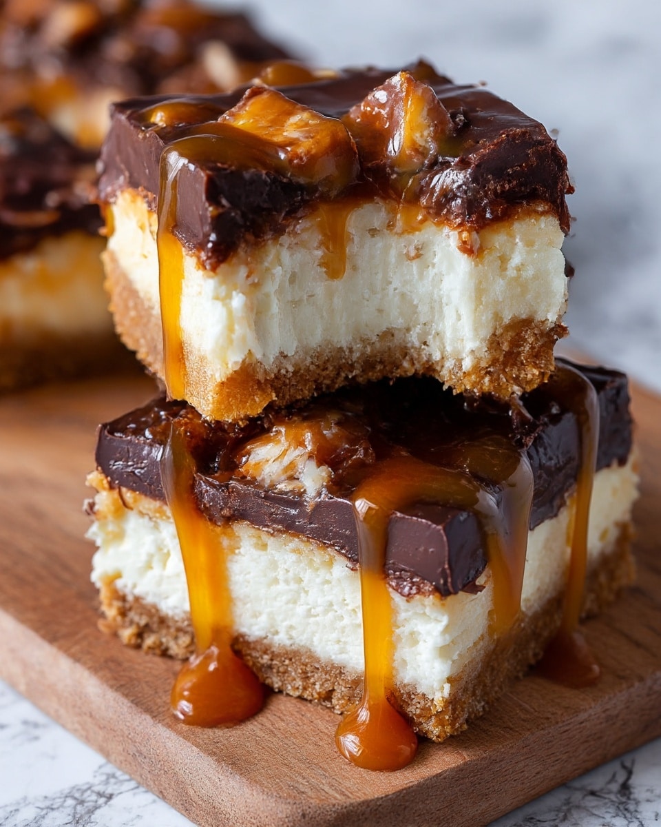 Two square pieces of a dessert stacked on a wooden board against a white marbled texture. The bottom layer is a crumbly light brown crust, the middle layer is a thick creamy white cheesecake, and the top layer is covered in a glossy dark chocolate coating with chunks of peanut candy. Rich golden caramel sauce drips down the sides of both pieces, adding a shiny texture. The top piece has a bite taken out, showing the soft creamy interior and the caramel dripping clearly. Photo taken with an iphone --ar 4:5 --v 7