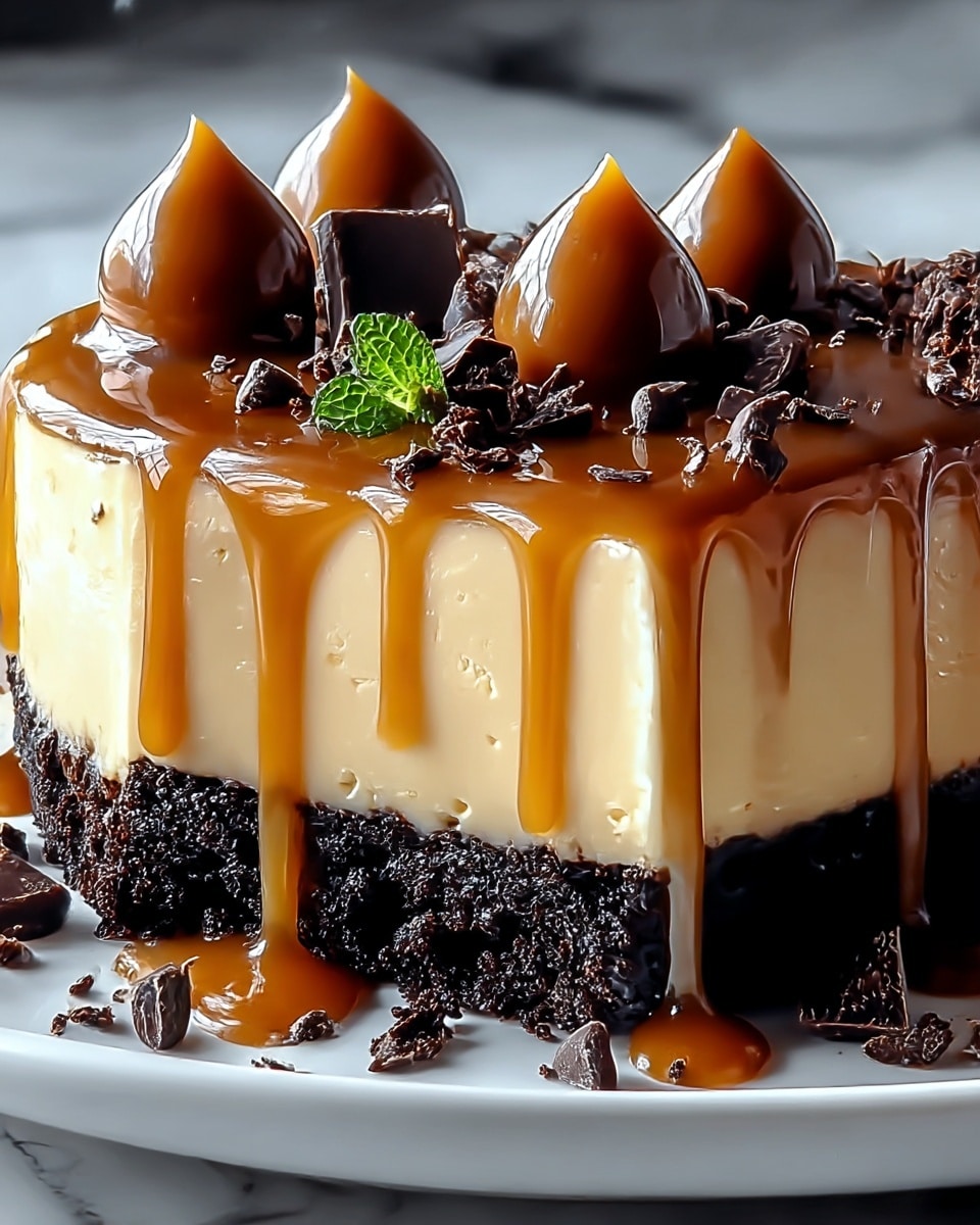A three-layer dessert square on a white plate, placed on a white marbled surface. The bottom layer is thick, crumbly, and dark chocolate in color with a rough texture. The middle layer is smooth and creamy beige, about half the thickness of the bottom layer. The top layer is a shiny caramel glaze dripping down the sides with a golden brown color. On top, there are five dollops of caramel, glossy and rounded, sprinkled with small, dark chocolate flakes, and a small green mint leaf in the center. The caramel glaze pools slightly on the plate. Photo taken with an iphone --ar 4:5 --v 7