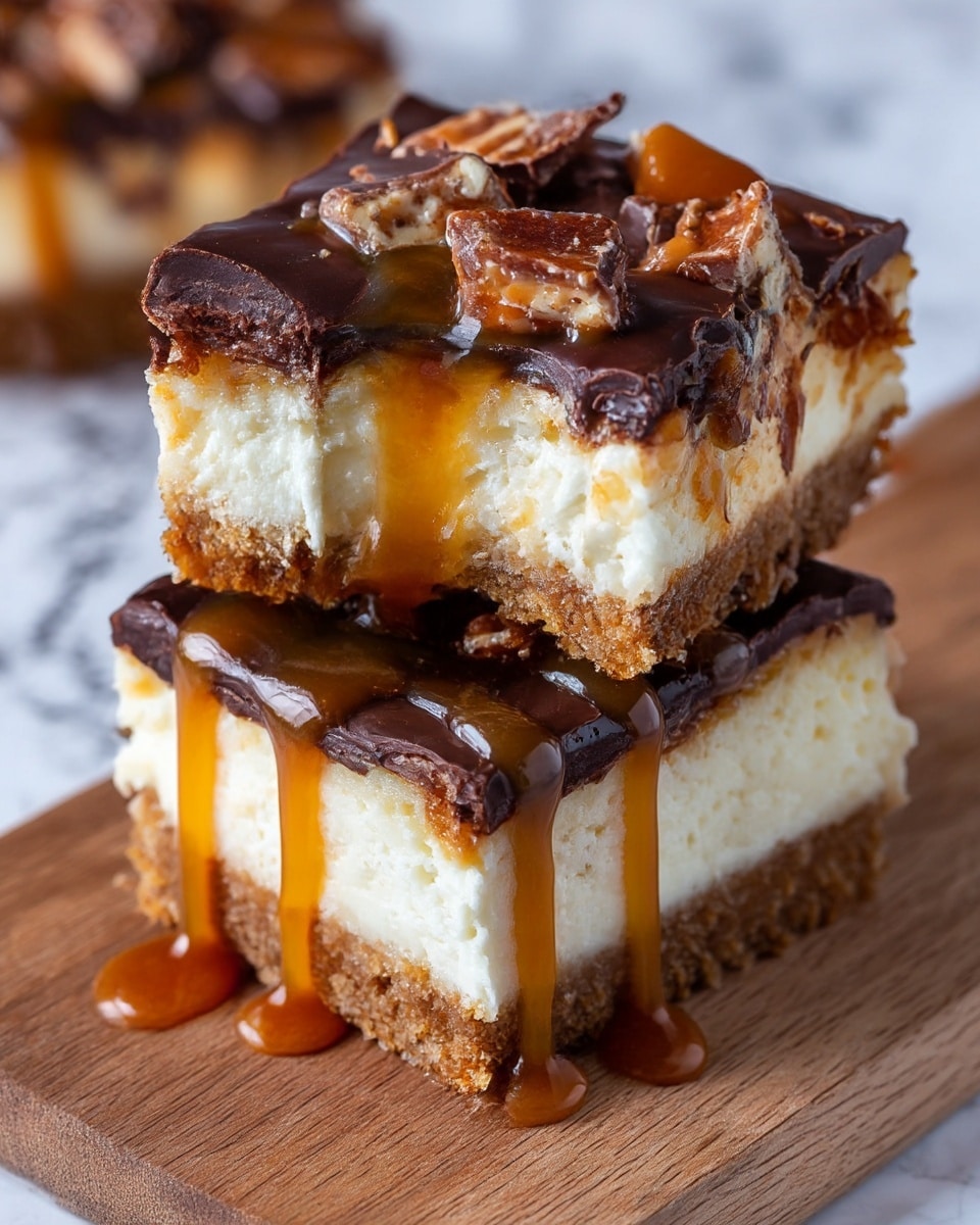 The image shows two layered dessert squares stacked on a wooden board over a white marbled surface. Each square has a thick, crumbly brown base, a thick creamy white cheesecake layer in the middle, and a dark, glossy chocolate layer on top. Chunks of peanut butter candy are scattered over the chocolate layer, and golden caramel sauce is dripping down the sides of the dessert, pooling at the bottom. The top square has a bite taken out of it, revealing the layers clearly, with the caramel dripping down from the bite. Photo taken with an iphone --ar 4:5 --v 7
