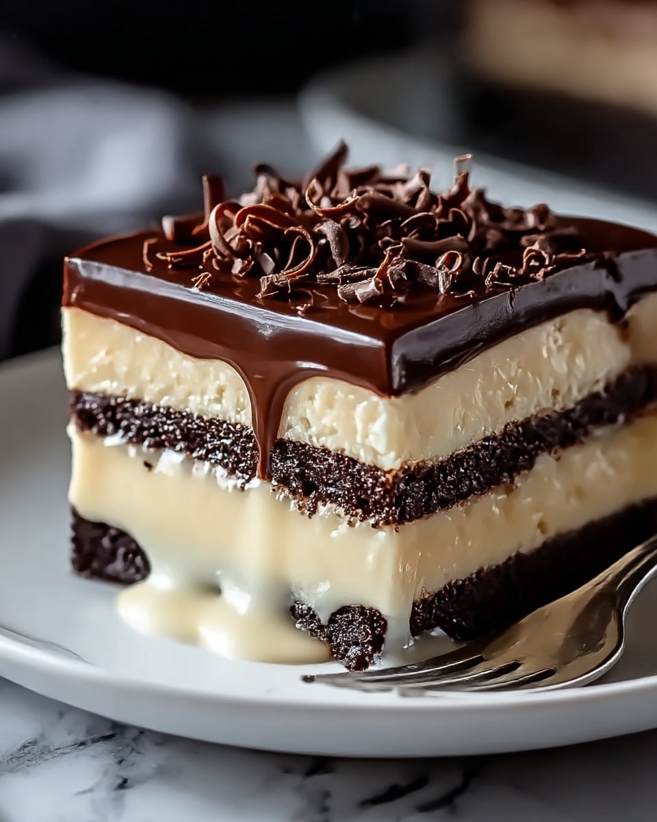 A square slice of dessert with three distinct layers sits on a white plate over a white marbled surface, and a silver fork rests beside it. The bottom layer is dark brown and looks moist and dense, likely a chocolate cake base. The middle layer is a thick, creamy off-white custard that contrasts with the dark base, slightly dripping down the edges. The top layer is a glossy, rich dark chocolate ganache with small dark chocolate curls scattered on it, adding texture. The edges of the slice reveal all three layers clearly in a close-up view. Photo taken with an iphone --ar 4:5 --v 7